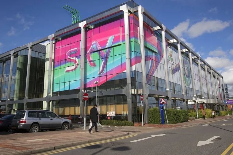 A giant Sky logo sits in the windows of a building at British Sky Broadcasting Group Plc's headquarters in London.
