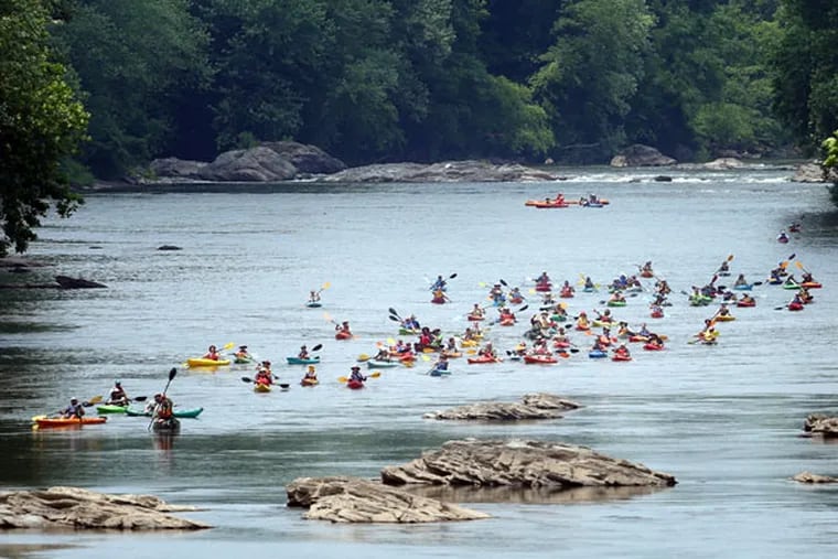 More than 100 kayakers and canoeists paddle down the Schuylkill near Manayunk after a 100-plus mile trip in the 17th annual Schuylkill River Sojourn. The journey began June 6 in Schuylkill County, and participants traveled an average of about 16 miles each day. (DAVID SWANSON / Staff Photographer)