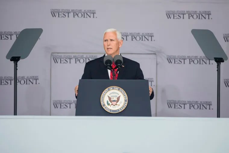Vice President Mike Pence gives the graduation address during graduation ceremonies at the United States Military Academy, Saturday, May 25, 2019, in West Point, N.Y.
