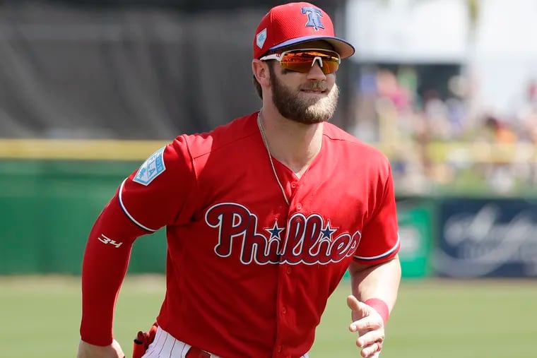 Phillies right fielder Bryce Harper on the field before the Phillies played the Toronto Blue Jays in a spring training game on Friday, March 15, 2019 at Spectrum Field in Clearwater, FL.
