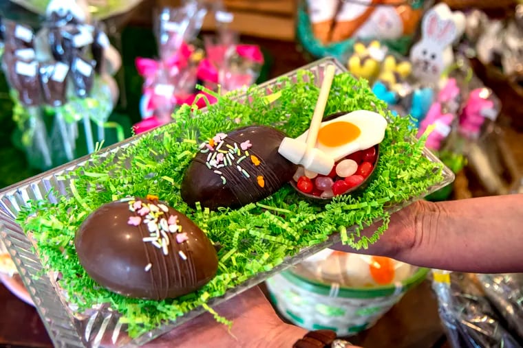 A Smash Egg at The Candy Jar by 1892 in Collingswood is a white, dark or milk chocolate shell you crack open to reveal jelly beans, a gummy egg, and edible grass inside.
