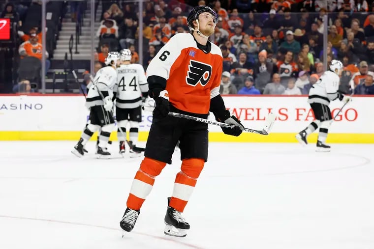Flyers defenseman Travis Sanheim reacts after the Los Angeles Kings scored late in the second period on Saturday.