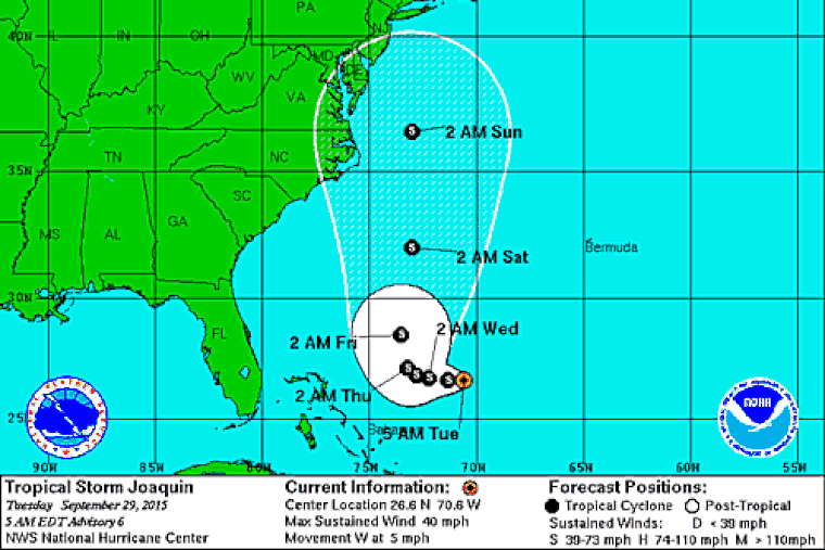 This National Hurricane Center map shows the possible paths of Tropical Storm Joaquin.