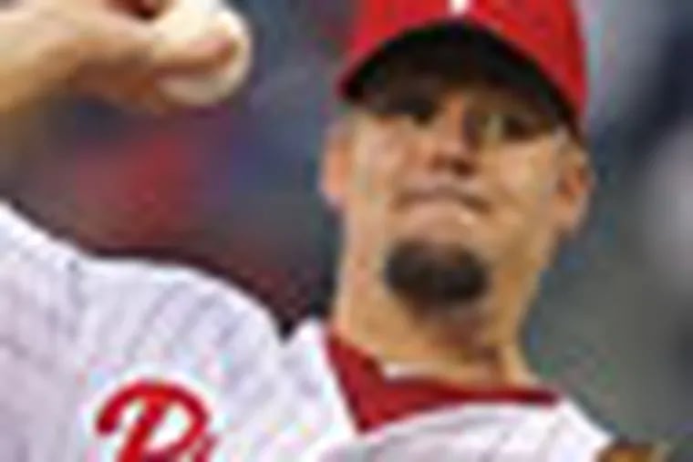 Philadelphia Phillie's starting pitcher Joe Blanton was throwing strong in the first inning against the Astro's. Houston Astros vs Philadelphia Philles at Citizen Bank Park. ( MICHAEL BRYANT / Staff Photographer )
