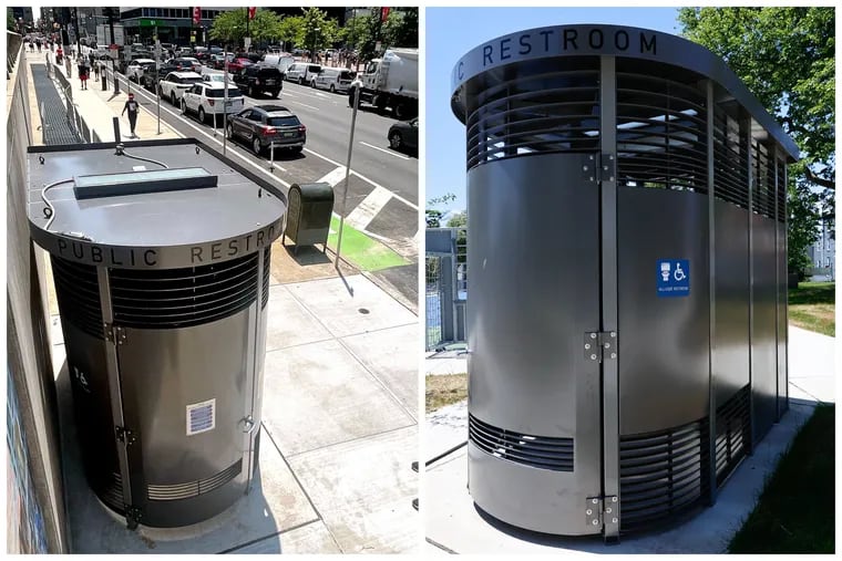 Philadelphia's new public bathrooms have been in place for six weeks now. At left, is the unit in Center City, and at right, is the one in Fotterall Square Park in North Philly.
