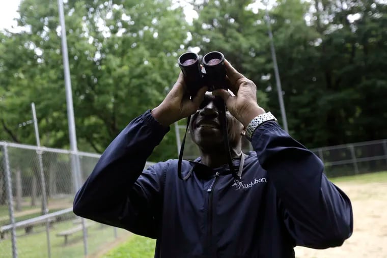 Keith Russell, program manager of urban conservation at Audubon Pennsylvania, looks through binoculars while conducting a breeding bird census, at Wissahickon Valley Park on Friday, June 5, 2020, in Philadelphia.