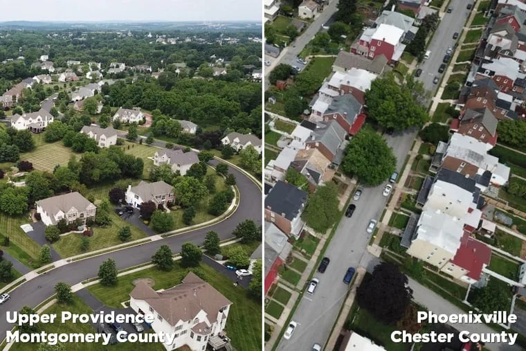 Just a few miles apart, Upper Providence (Montgomery County, left) and Phoenixville (Chester County, right) have both grown in population. But different families are moving in. New homes in Upper Providence are larger, surrounded by more space; younger families are moving into denser, smaller homes in Phoenixville. 