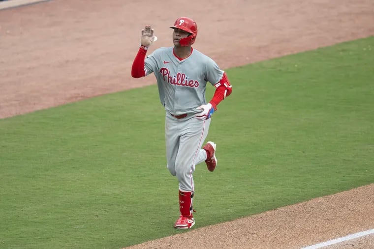 The Phillies’ Cristian Pache runs the bases after hitting a solo home run against the Blue Jays in the sixth inning on Thursday.