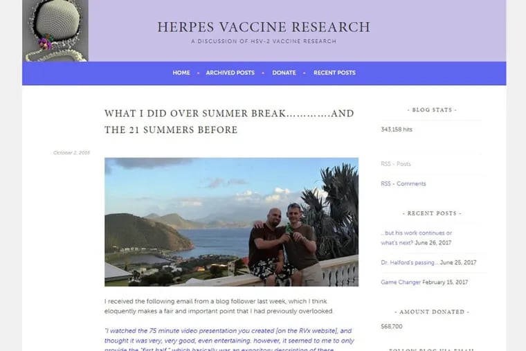 A screenshot of U.S. researcher William Halford’s blog, where he posted updates about the St. Kitts offshore clinical trial. Pictured here with Halford, right, is his business partner, Agustín Fernández III.