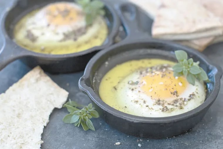 Oven eggs prepared with olive oil and the Egyptian spice blend called
dukkah.