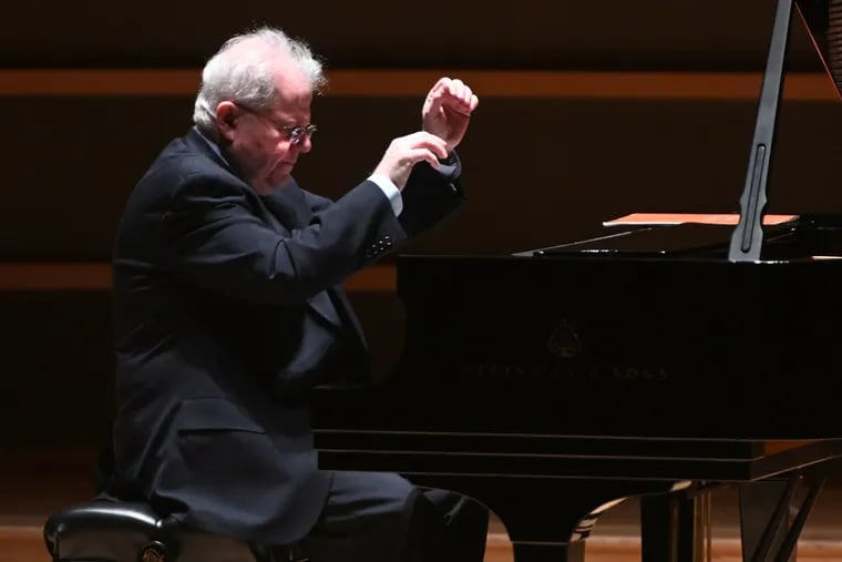 Pianist Emanuel Ax playing Tuesday night in the Perelman Theater