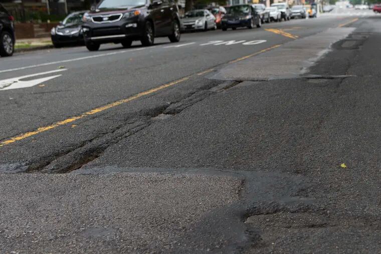 Here's Ogontz Avenue between Stenton and Medary Avenues, photographed June 18, 2019. Ogontz Avenue has the most potholes in Philadelphia,  according to city data.