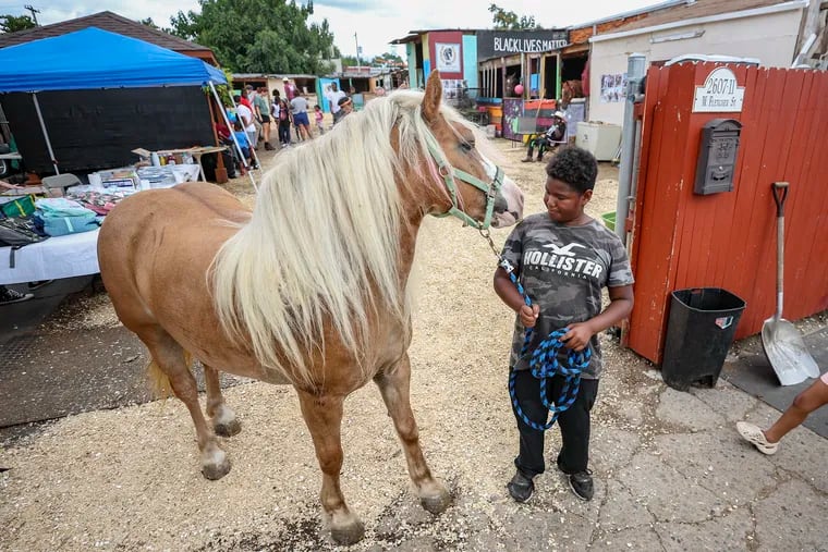 Nahjer Anderson, 12, stands with a horse at the Fletcher Street Urban Riding Club in North Philadelphia. The club hosted its annual back-to-school party with free pony rides and giveaways such as backpacks and lunch boxes.