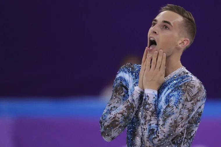 Adam Rippon of the United States reacts after his performance in the men’s single skating free skating in the Gangneung Ice Arena at the 2018 Winter Olympics in Gangneung, South Korea, Monday, Feb. 12, 2018.