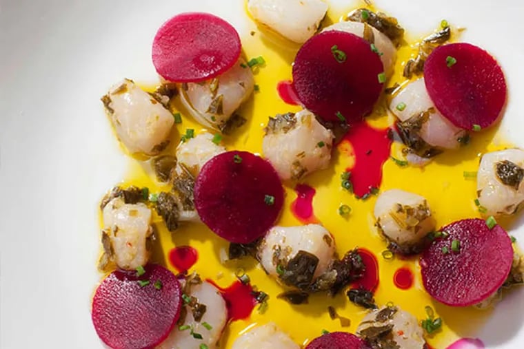 Bay scallop crudo, with kimchi-fermented parsley and beet-pickled turnips.