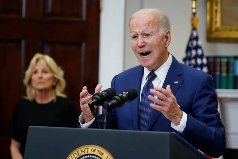 President Joe Biden speaks to the nation about the mass shooting at Robb Elementary School in Uvalde, Texas, from the White House, in Washington, Tuesday, May 24, 2022, as first lady Jill Biden listens.