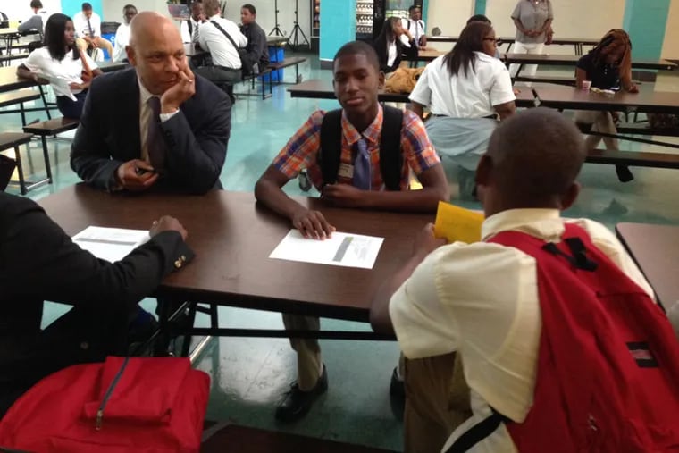 File: Superintendent William Hite chats with freshmen during the first day of school, Sept. 8, 2014, at The LINC, a new high school in North Philadelphia. (Kristen Graham / Staff)