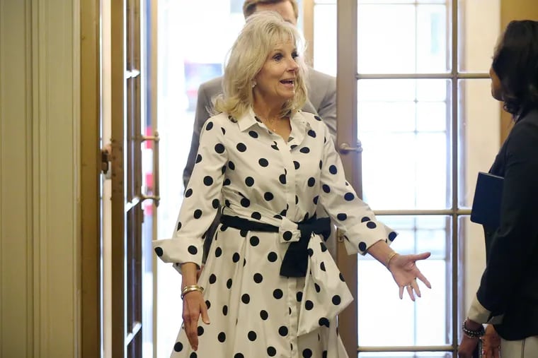 Jill Biden arrives for a luncheon fundraiser at the Acorn Club in Center City Philadelphia on Tuesday, June 11, 2019. Biden is campaigning for her husband, presidential candidate and former Vice President Joe Biden.