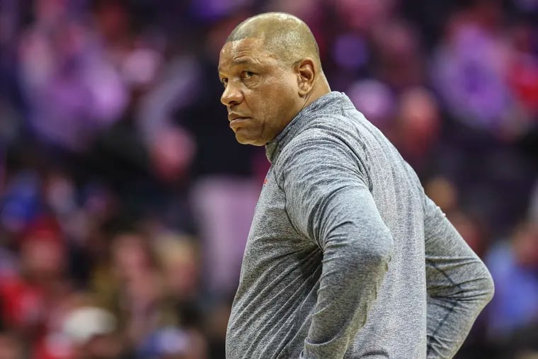 Sixers head coach Doc Rivers during a timeout against the Heat.