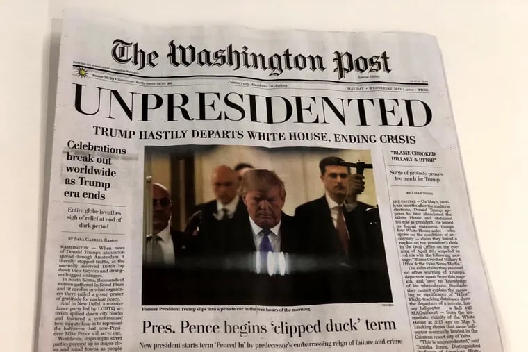 A fake "special edition" of The Washington Post, which predicts President Donald Trump leaving office after months of women-led protests, was distributed Wednesday morning on the streets of Washington, D.C., apparently by a liberal activist group.