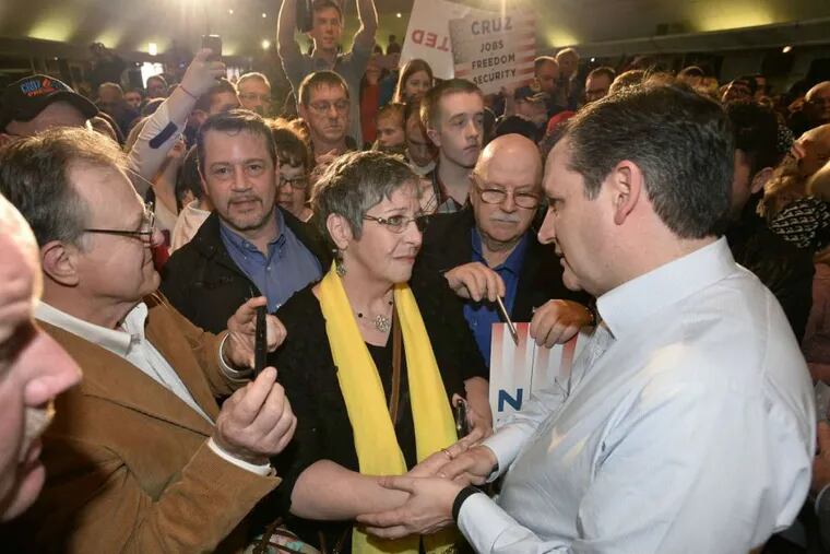 Edie Testa (center) greets Republican presidential candidate Ted Cruz following his rally in Millcreek Township, Erie County, Pa., on April 13.