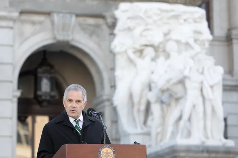 Philadelphia District Attorney Larry Krasner speaks at a news conference in front of the Capitol in Harrisburg on Oct. 21. The impeachment trial against him has since been delayed indefinitely.