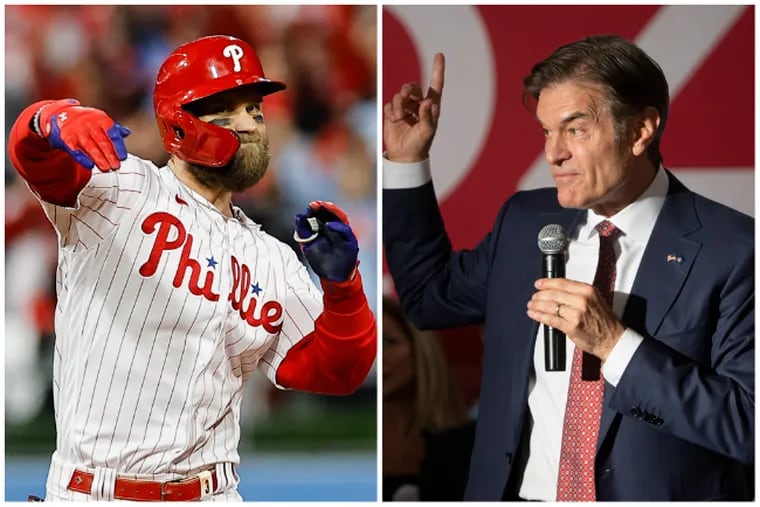 Phillies hitter Bryce Harper (left) and Republican Senate candidate Mehmet Oz (right).