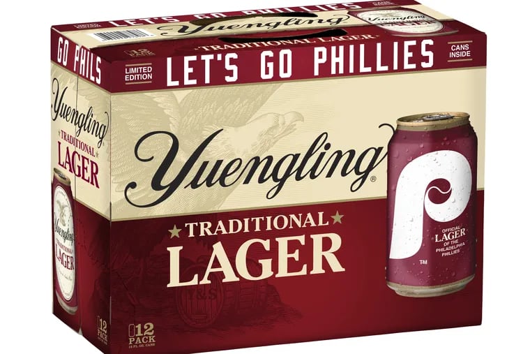 Phillies-branded Yuengling cans will be available at area beer sellers in 12 packs.