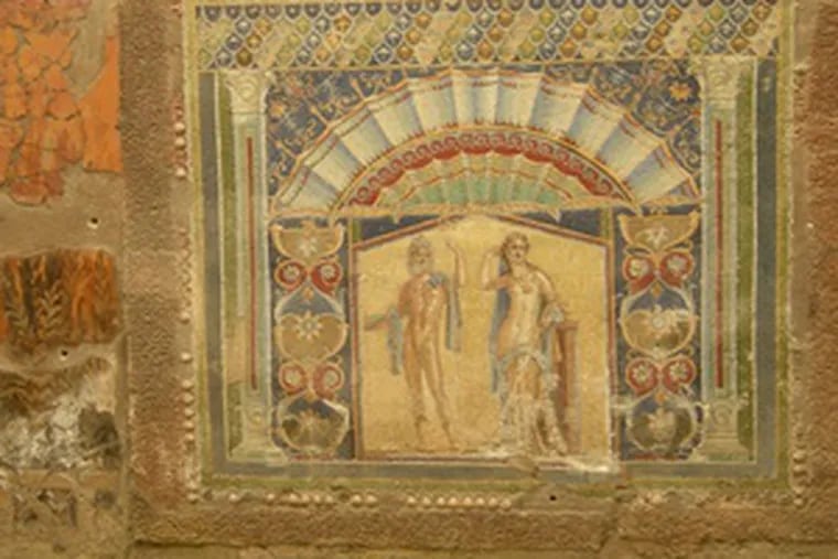 A glass mosaic in a house in Herculaneum, a smaller city buried even more deeply than Pompeii by the volcano.