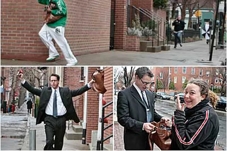 A man (top) makes off with a purse as a woman gives chase.  Traveling salesman Eric Howard (bottom) gave chase with salesman Skip Callahan and returned the purse.  Staff Photographer Elizabeth Robertson captured events.