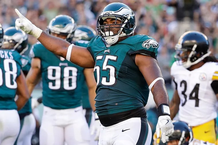 Philadelphia Eagles defensive end Brandon Graham (55) reacts during the first half of the NFL football game against the Pittsburgh Steelers, Sunday, Sept. 25, 2016, in Philadelphia. The Eagles won 34-3.