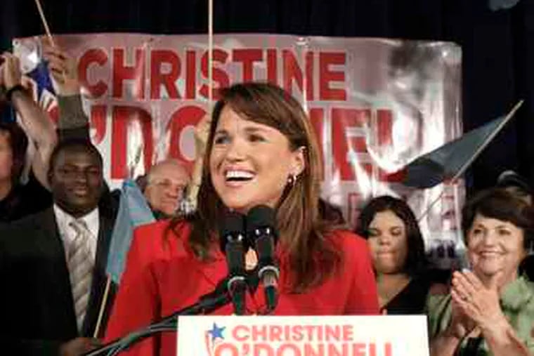 Christine O'Donnell addressing supporters after winning the Republican nomination for Senatein Delaware over Rep. Mike Castle. She will face Democrat Chris Coons in November.