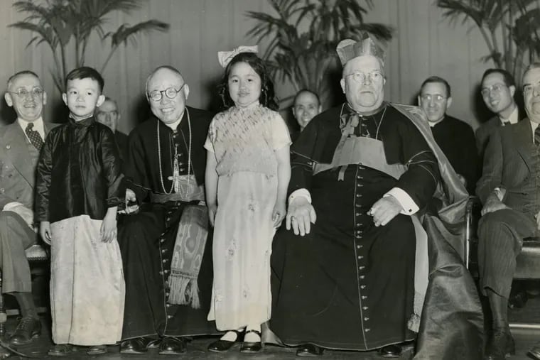 Group photo showing Cardinal Thomas Tien and Cardinal Dennis Dougherty (circa 1950) at Holy Redeemer Chinese Catholic Church.
