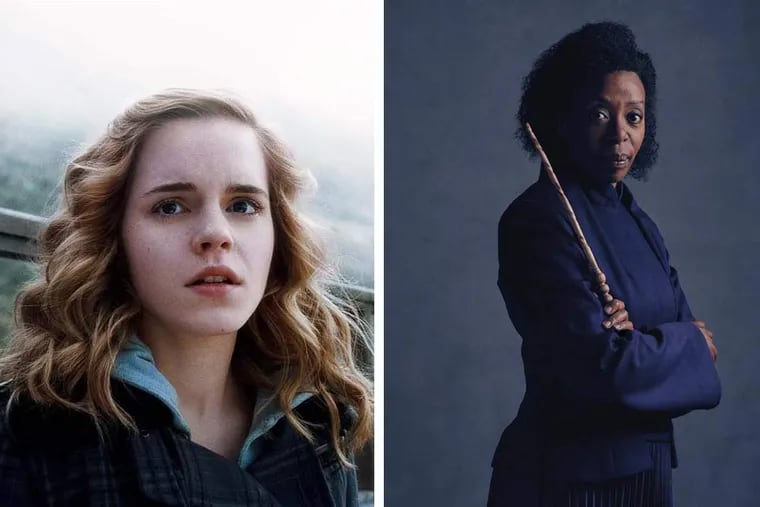 Emma Watson (left) portrayed the fictional Harry Potter character Hermione Granger in the movie franchise. Noma Dumezweni (right) will portray the character in a new play, Harry Potter and the Cursed Child.
