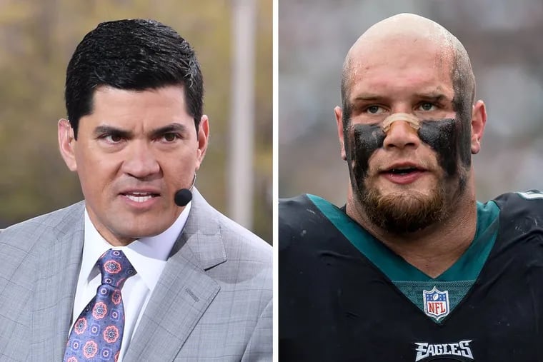 ESPN analyst and ex-Patriots linebacker Tedy Bruschi (left) isn’t taking kindly to criticism about his former team from Eagles lineman Lane Johnson.