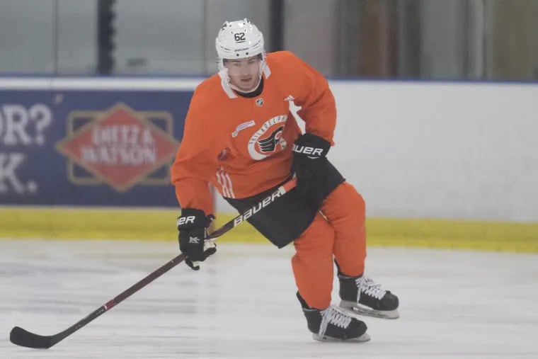 Center Jay O'Brien, drafted 19th overall by the Flyers last Friday, skates at the team's development camp Thursday in Voorhees.