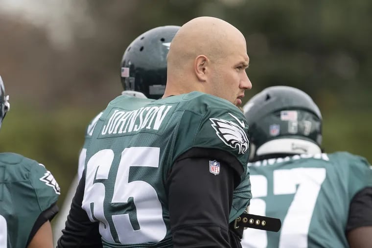 Lane Johnson was at practice on Wednesday after suffering an MCL sprain in the Eagles win over the Jaguars in London.