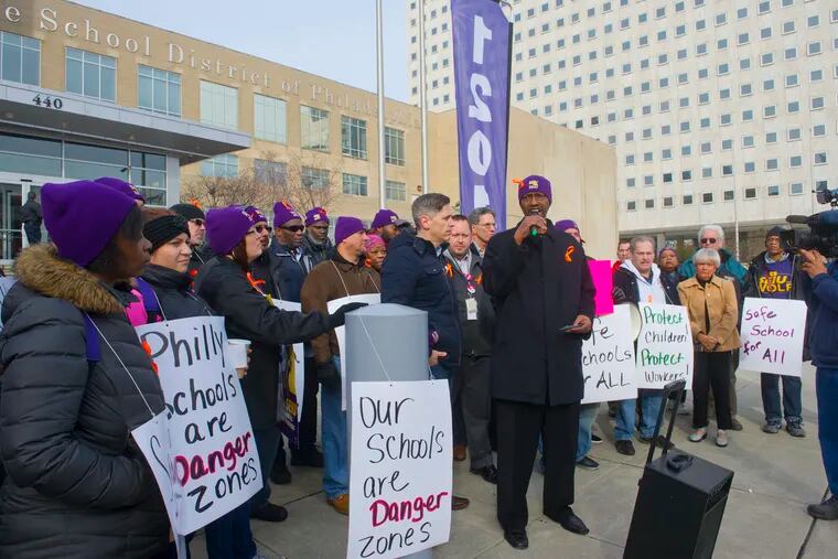 Ernie Bennett, director of 32BJ SEIU 1201 public school workers union, speaks outside the School District of Philadelphia building on North Broad Street during a rally there to protest safety conditions in response to the recent boiler room explosion at Franklin S. Edmonds School.