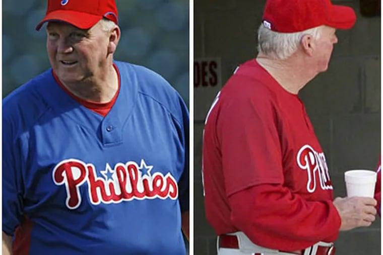 The chubbier Charlie Manuel , above, during the 2007 division series playoff in Denver, and the Phils manager in January, 50 pounds lighter about a year into his Nutrisystem makeover. (DAVID ZALUBOWSKI / AP)