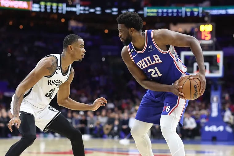 Joel Embiid (right) and the Philadelphia 76ers went 4-0 SU and 3-1 ATS against Nic Claxton (left) and the Brooklyn Nets during the regular season. Embiid and the 76ers are big favorites to beat the Nets again Saturday in Game 1 of a first-round NBA playoff series. (Photo by Tim Nwachukwu/Getty Images)