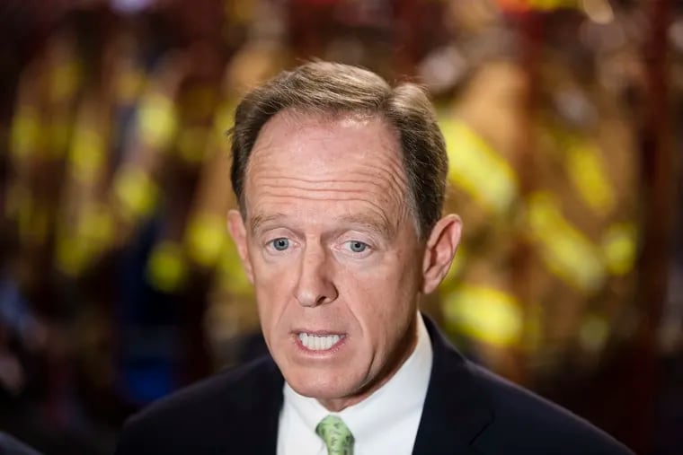 Sen. Pat Toomey (R.,Pa.) speaks with members of the media at the Monroe Energy Trainer Refinery in Trainer, Pa., Monday, July 29, 2019.