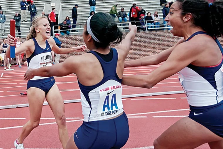 Villanova's team won the College Women's Distance Medley event during the 121st running of the Penn Relays in Philadelphia, Pa. on April 23, 2015. (David Maialetti/Staff Photographer)