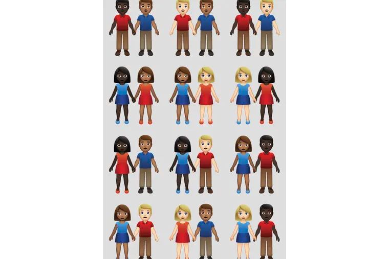 This undated illustration provided by Tinder/Emojination shows new variations of interracial emoji couples. In the world of emojis, interracial couples had virtually no options in terms of skin tone. But the emoji gods, otherwise known as the Unicode Consortium, recently rectified that, approving 71 new variations. Using six skin tones already available for one-person emojis, vendors such as Apple, Google, and Microsoft will now be able to offer couples of color. Additions are expected later this year. (Tinder/Emojination via AP)