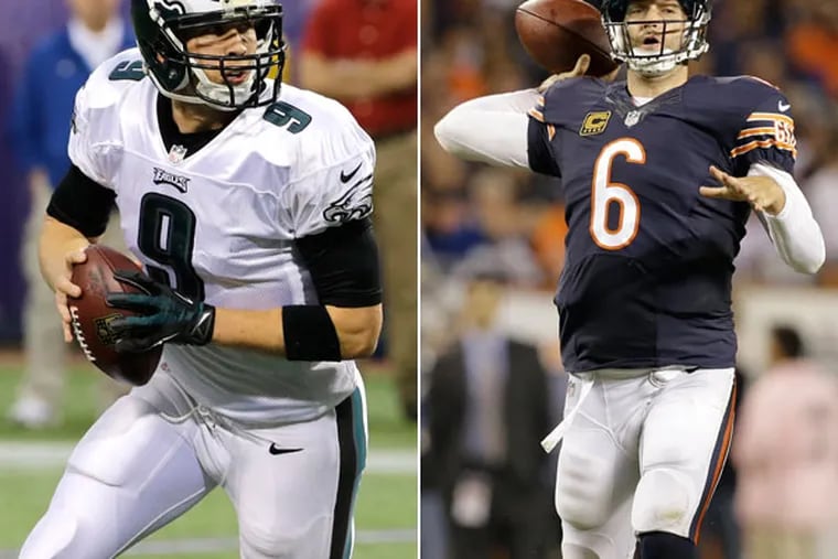 Eagles quarterback Nick Foles and Bears quarterback Jay Cutler. (Ann Heisenfelt/AP) (Nam Y. Huh/AP)