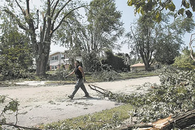 Roldopho Morales, a tree services worker, removes debris in the 500 block of Portland Drive in Broomall. (Michael S. Wirtz / Staff Photographer)