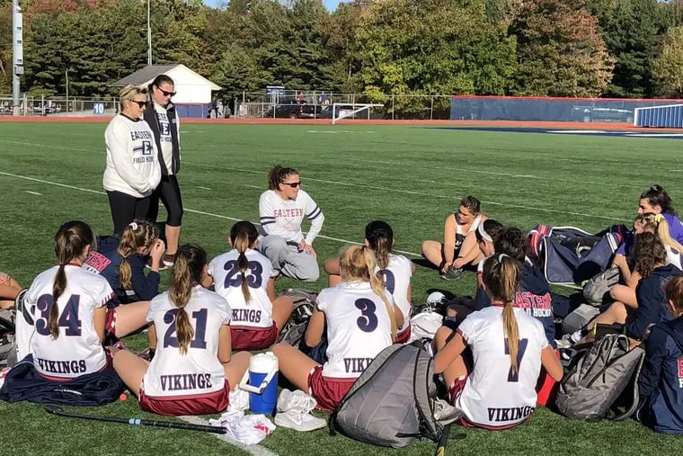 Eastern field hockey coach Danyle Heilig addresses team after victory over Shawnee in SJ 4 semifinals. The win was 499th of Heilig's career. She has 14 losses. She goes for win No. 500 in Thursday's sectional finals.