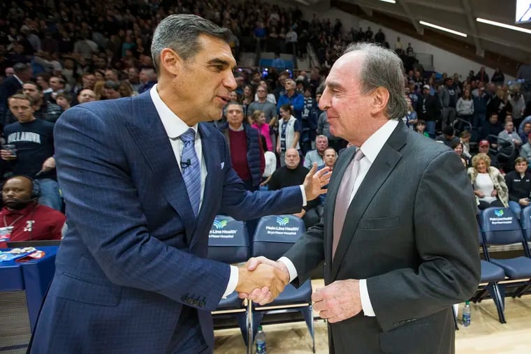 Coach Jay Wright, left, of Villanova greeted Temple coach Fran Dunphy before a game at Villanova's Finneran Pavilion in 2018.