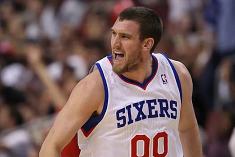 Spencer Hawes and the Sixers climbed back from a 14-point deficit to win Game 3. (Steven M. Falk/Staff Photographer)