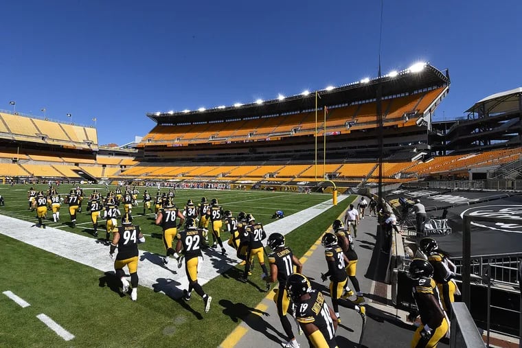 The Pittsburgh Steelers are introduced to an empty stadium on Sunday, Sept. 20, 2020, at Heinz Field in Pittsburgh.