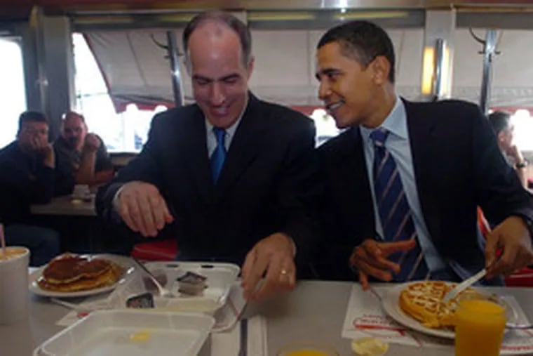 Sen. Bob Casey of Pennsylvania joins Obama for breakfast at the Glider Diner in Scranton. The Illinois senator started his day with waffles, sausage and orange juice.